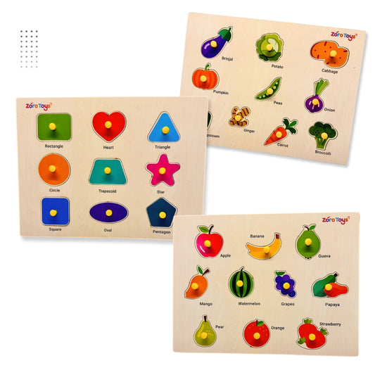 Wooden Fruits, Vegetables & Shapes Puzzle Combo