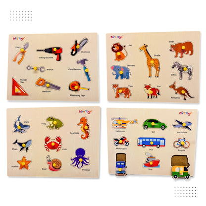 4-in-1 Wooden Puzzles: Sea Animals, Animals, Vehicles & Tools